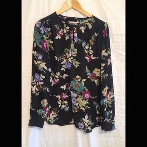 LOFT Women's Small Black with Colorful Flower Pattern Keyhole Neckline Blouse